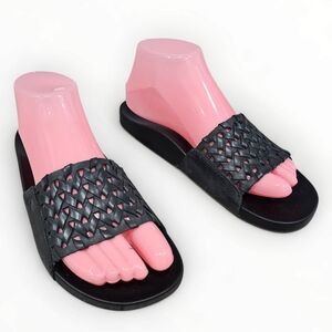 OLUKAI Kamola Women Black Woven Leather Slides Sandals US 8